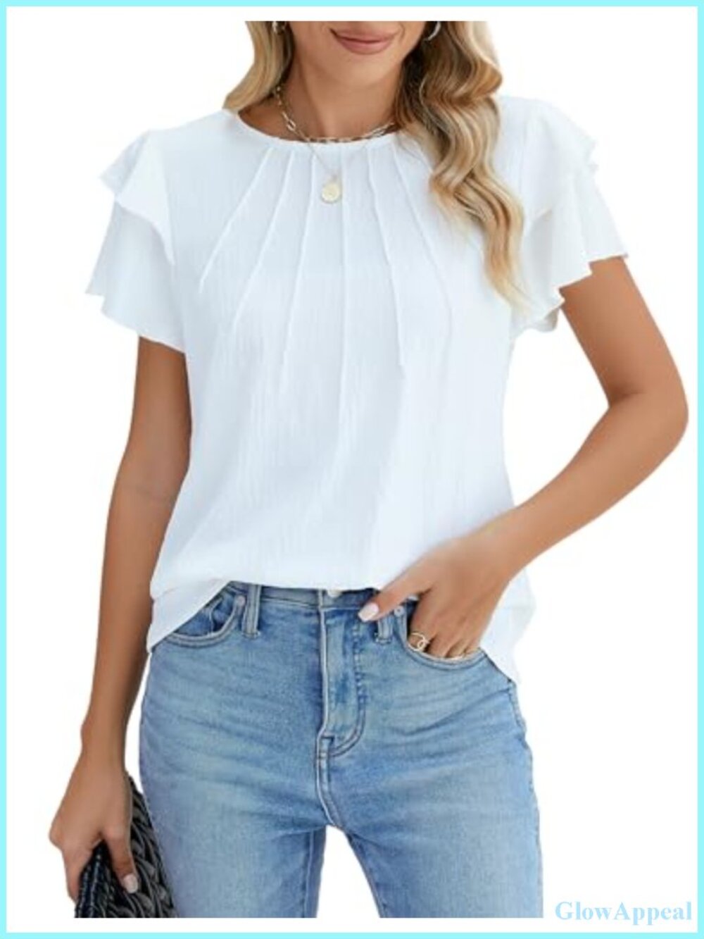 Women's Pleated V-Neck Ruffled Sleeve Blouse | Sheer, Stretchy, Business Casual
